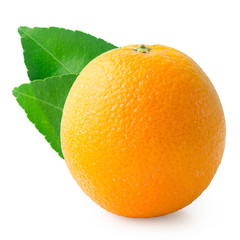 fresh orange isolated on white with green leaves