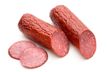 Salami smoked sausage, basil leaves on white background cutout.