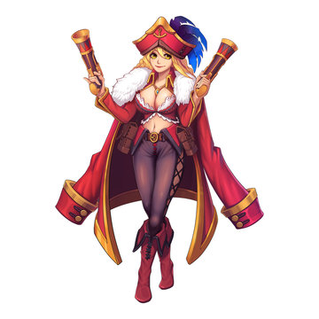 Sexy Hot Beautiful Twin Blaster Pirate Girl with Anime and Cartoon Style isolated on White Background. Video Game's Digital CG Artwork, Concept Illustration, Realistic Cartoon Style Character Design                         