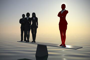 Balancing a team leader with a great team at sea at dawn.  A team of three executives stands on a balance where the counterweight is a great team leader exerting leverage at sea at dawn. - obrazy, fototapety, plakaty