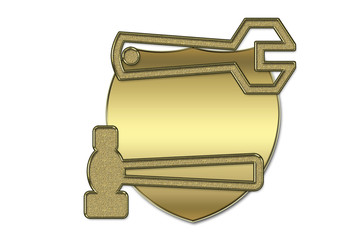 Emblema dorado vacío con un martillo y una llave inglesa.
