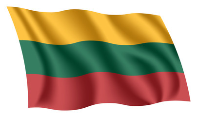 Lithuania flag. Isolated national flag of Lithuania. Waving flag of the Republic of Lithuania. Fluttering textile lithuanian flag.