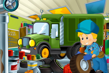 Fototapeta premium cartoon scene with garage mechanic working repearing some vehicle - military car - or cleaning work place - illustration for children