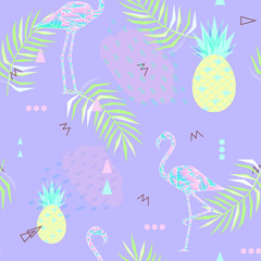 Seamless Sammer background. Punchy pastel. Trendy texture. Beautiful vector floral jungle summer background with pink flamingo, tropical fruits, palm leaf, vector.