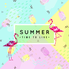 Sammer banner, poster. Punchy pastel. Trendy texture. Beautiful vector floral jungle summer background with pink flamingo, tropical fruits, palm leaves, vector.