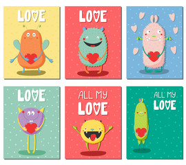 Set of hand drawn ready to use cards, gift tags templates with cute funny cartoon monsters holding hearts, text. Vector illustration. Isolated objects. Design concept for children, Valentines day.