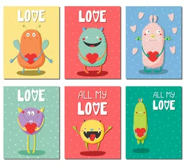 Zelfklevend Fotobehang Set of hand drawn ready to use cards, gift tags templates with cute funny cartoon monsters holding hearts, text. Vector illustration. Isolated objects. Design concept for children, Valentines day. © Maria Skrigan