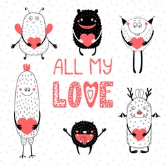 Foto op Aluminium Collection of hand drawn cute funny cartoon monsters holding hearts, with text All my love. Isolated objects. Vector illustration. Design concept for children, Valentines day. © Maria Skrigan
