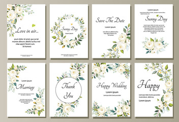 Set of card with flower rose, leaves. Wedding ornament concept. Floral poster, invite. Vector decorative greeting card or invitation design background