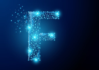 F alphabet Low poly science wireframe on dark background. Vector polygon image blue triangle glowing research future technology business form a star space, Lines, points