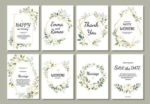 Set of card with flower rose, leaves and geometrical frame. Wedding ornament concept. Floral poster, invite. Vector decorative greeting card or invitation design background