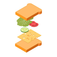 Explode sandwich ingredients isometric view, fastfood concept