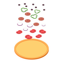 Explode pizza ingredients isometric view, fastfood concept