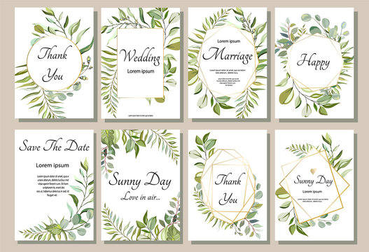 Set of card with forest leaves. Wedding ornament concept. Floral poster, invite. Vector decorative greeting card or invitation design background