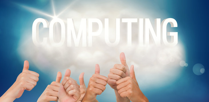 Hands giving thumbs up against computing on a floating cloud