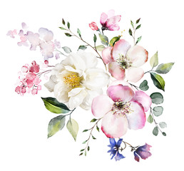 Fototapety  ozdobne kwiaty akwarelowe. ilustracja kwiatowy, liść i pąki. Kompozycja botaniczna na ślub lub kartkę z życzeniami. gałązka kwiatów - abstrakcja róże, romantyczna