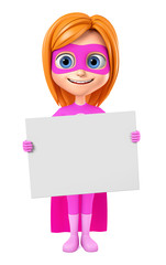 Cheerful superhero girl in pink holds a blank board on white isolated background. 3d render illustration.