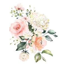 Naklejki  kwiaty akwarelowe. ilustracja kwiatowy, liść i pąki. Kompozycja botaniczna na ślub lub kartkę z życzeniami. gałązka kwiatów - abstrakcja róże, hortensja