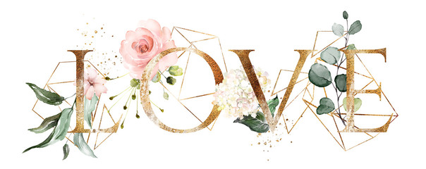 watercolor illustration with wild flowers, herbs, rose. Cool print on T-shirt with geometric shape.  Lettering - love