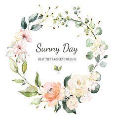 Card. Watercolor invitation design with roses, bud, leaves. flower, background with floral elements , botanic watercolor illustration. Vintage Template. wreath, round frame