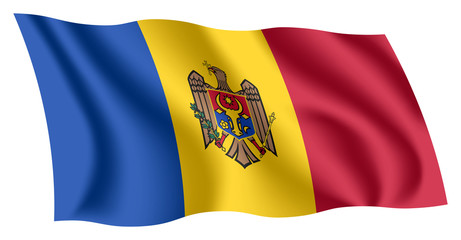 Moldova flag. Isolated national flag of Moldova. Waving flag of the Republic of Moldova. Fluttering textile moldovan flag.