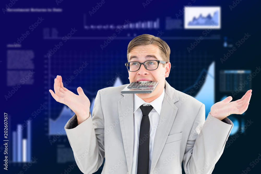 Poster Geeky shrugging businessman biting calculator against business interface with graphs and data