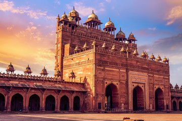 Buland Darwaza at Fatehpur Sikri Agra at sunset with moody sky.