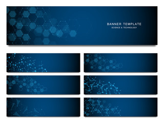 Fototapeta na wymiar Big set of science and technology banners. Molecular and chemical structure.