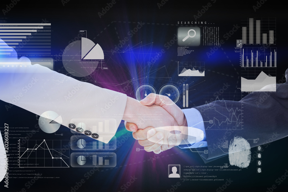 Aufkleber smiling business people shaking hands while looking at the camera against abstract technology interf