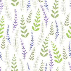 Vector seamless pattern with purple and green herbs isolated on white background. Good for greeting cards, wrapping paper, invitations, textile design.