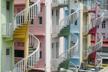 Fototapeta premium Colourful spiral staircases on residential buildings in Little India, Singapore