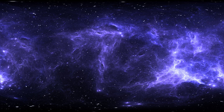Fototapeta 360 degree space nebula panorama, equirectangular projection, environment map. HDRI spherical panorama. Space background with nebula and stars.