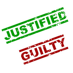 Guilty and justified rubber stamp - obrazy, fototapety, plakaty