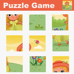 Puzzle for children featuring a little girl. Match pieces and complete the picture. Activity for preschool children.(Vector illustration)