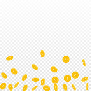 Indian rupee coins falling. Scattered sparse INR coins on transparent background. Mesmeric scatter bottom gradient vector illustration. Jackpot or success concept.