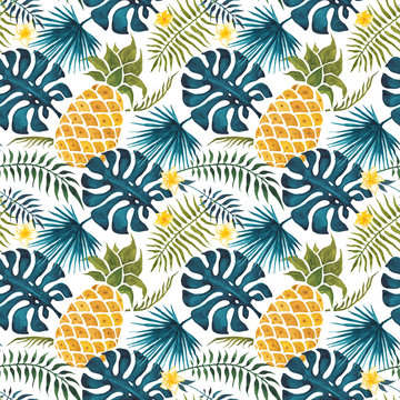Pineapple background. Hand Drawn illustration. Watercolor Seamless pattern