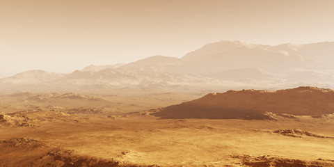 Fototapeta na wymiar Mars - the red planet. Martian landscape and dust in the atmosphere. 3D illustration