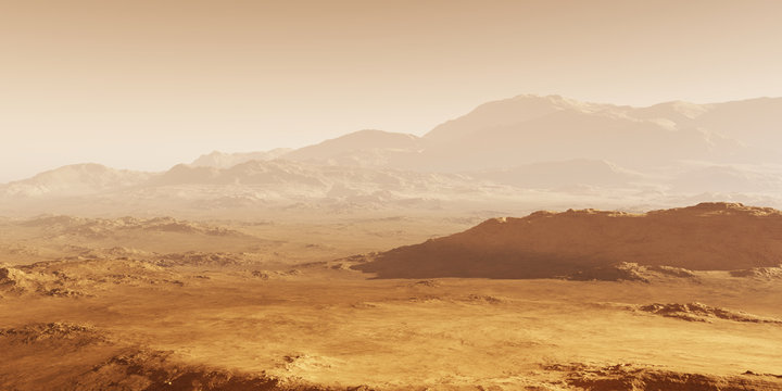 Mars - the red planet. Martian landscape and dust in the atmosphere. 3D illustration