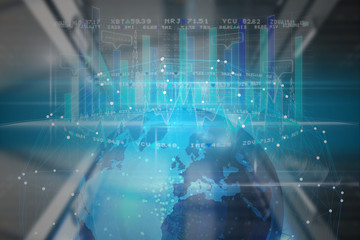 Server tower against globe in sphere on black background