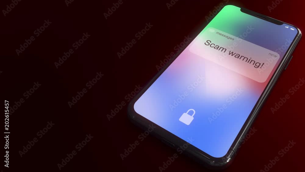 Poster scam warning message pops up on the screen of a modern smartphone. conceptual 3d animation