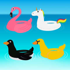Animal Pool Float Swimming Ring Ride for Adult Kids Vector Illustration.