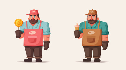 Street food and beverages funny hawker. Cartoon vector illustration. Seller or chef character