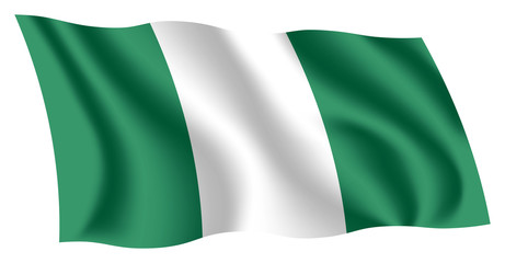 Nigeria flag. Isolated national flag of Nigeria. Waving flag of the Federal Republic of Nigeria. Fluttering textile nigerian flag.