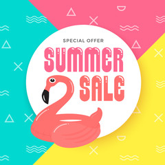 Summer Sale Banner Background Design with Flamingo Inflatable Ring Float