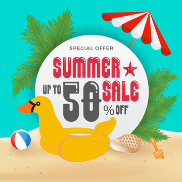 Summer Sell Promotion Banner Background and Objects Design with Duck Lifebuoy