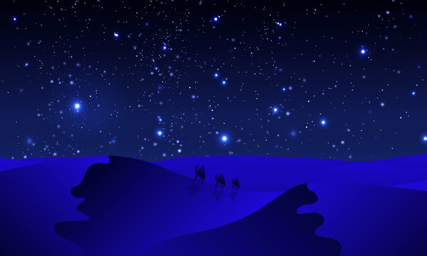 Travelers in the night blue desert