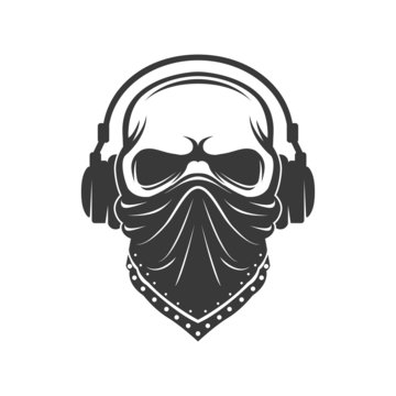 Skull in headphones and bandana. DJ bandit
