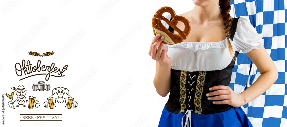 Wall mural Pretty oktoberfest girl holding pretzel against oktoberfest graphics