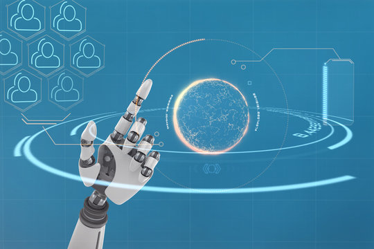 Close up of shiny robotic hand against digital image of globe with social connectivity