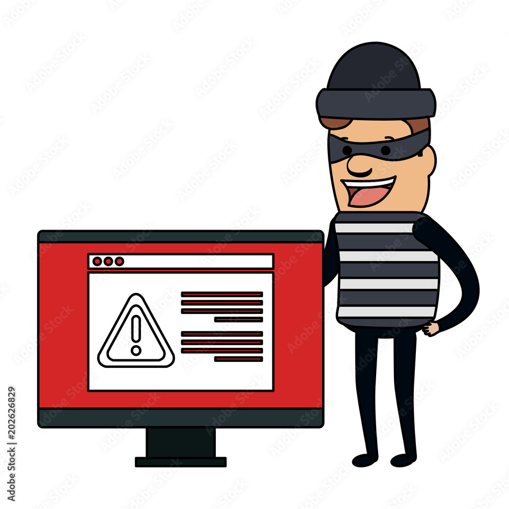 Poster thief bad with computer alert avatar character vector illustration design